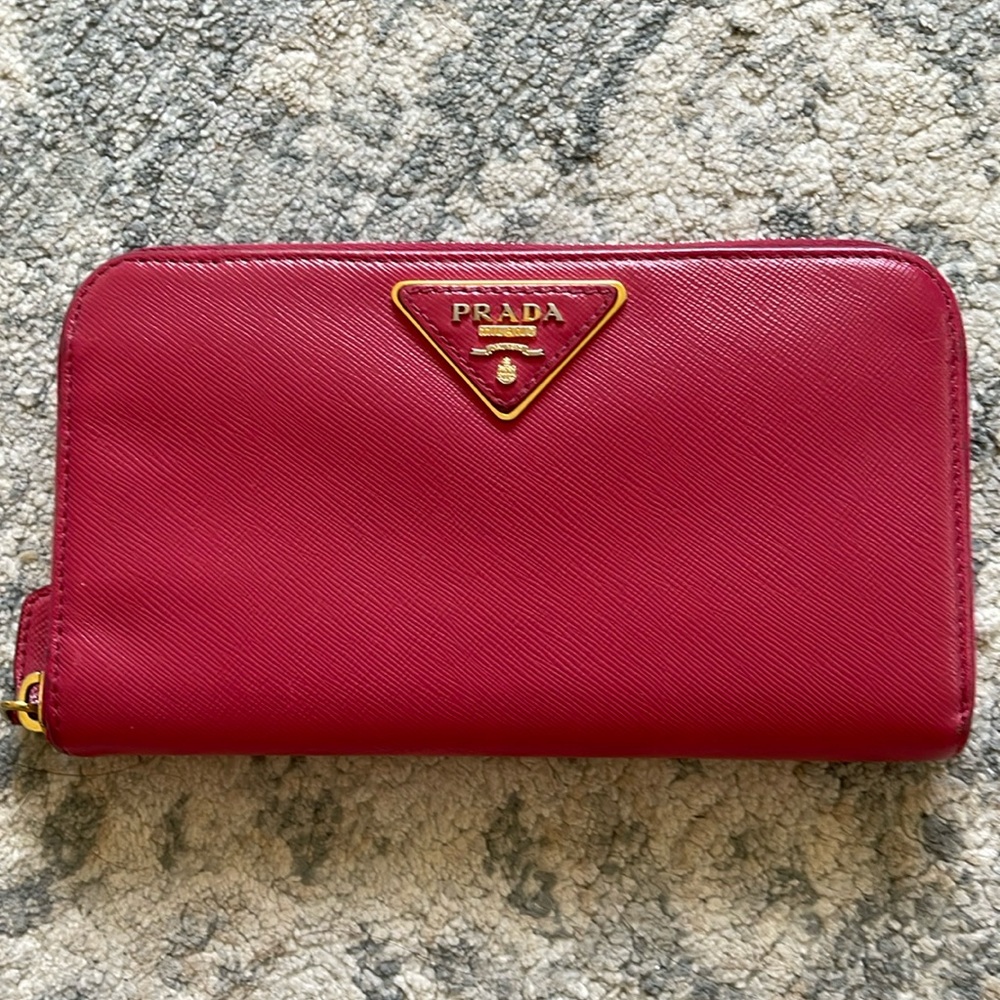 Authentic Prada red leather zip long wallet!
